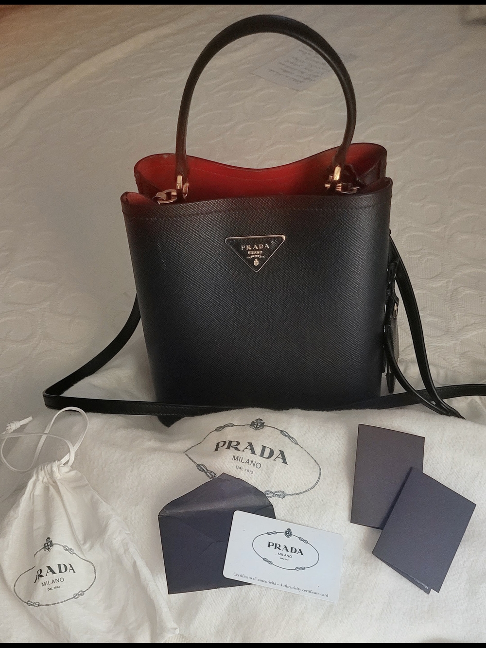 Prada Black Saffiano Leather Satchel with Red Interior